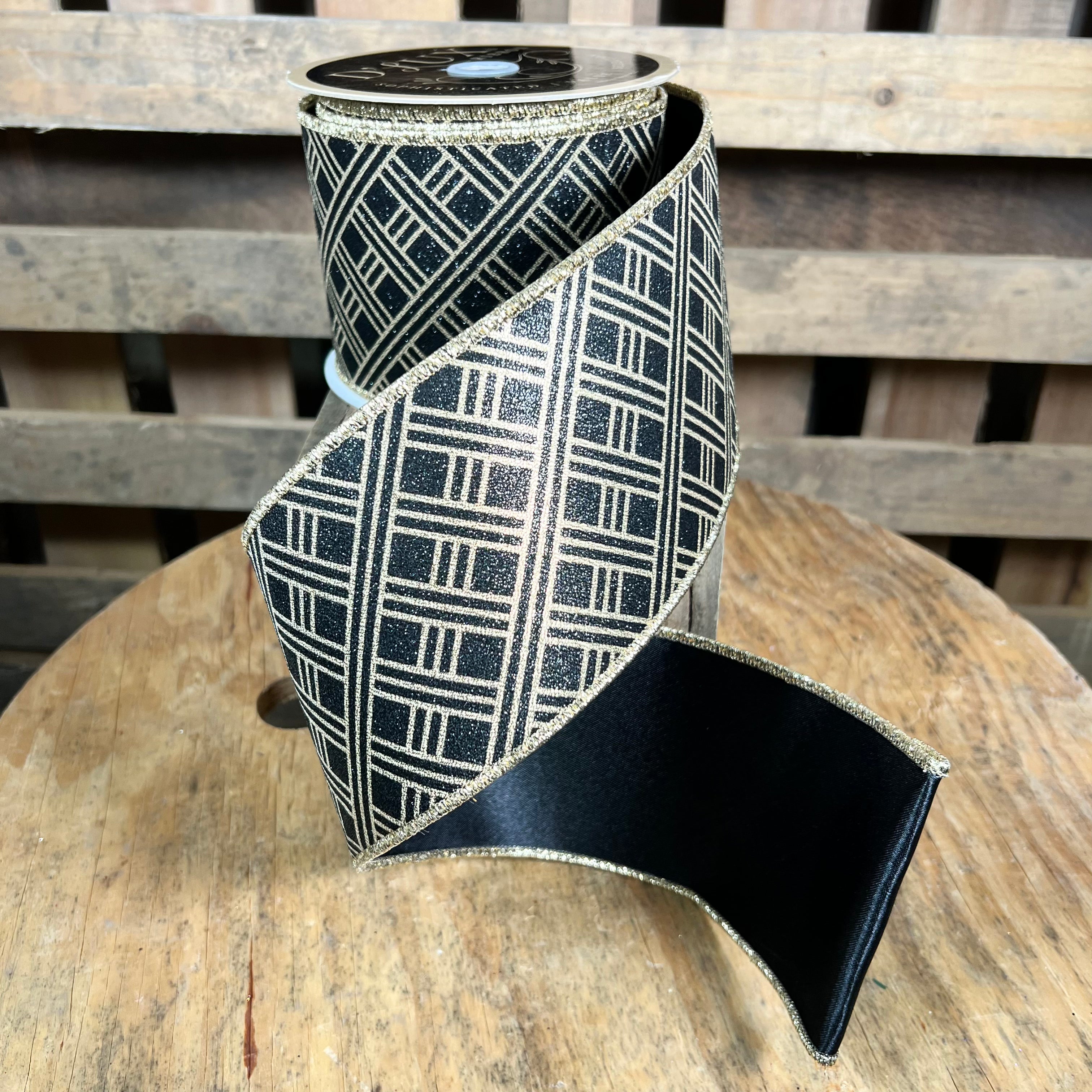 4” x 10yd black and gold woven stripes  d’lux ribbon - LX3218RF