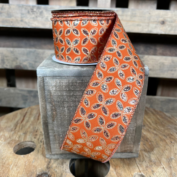 2.5"X10YD orange fall quatrefoil petal Wired Ribbon - RGE1926T3