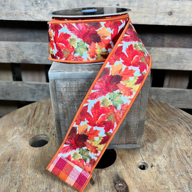 2.5"X10YD Fall leaves with check backing Wired Ribbon - LX6007C2