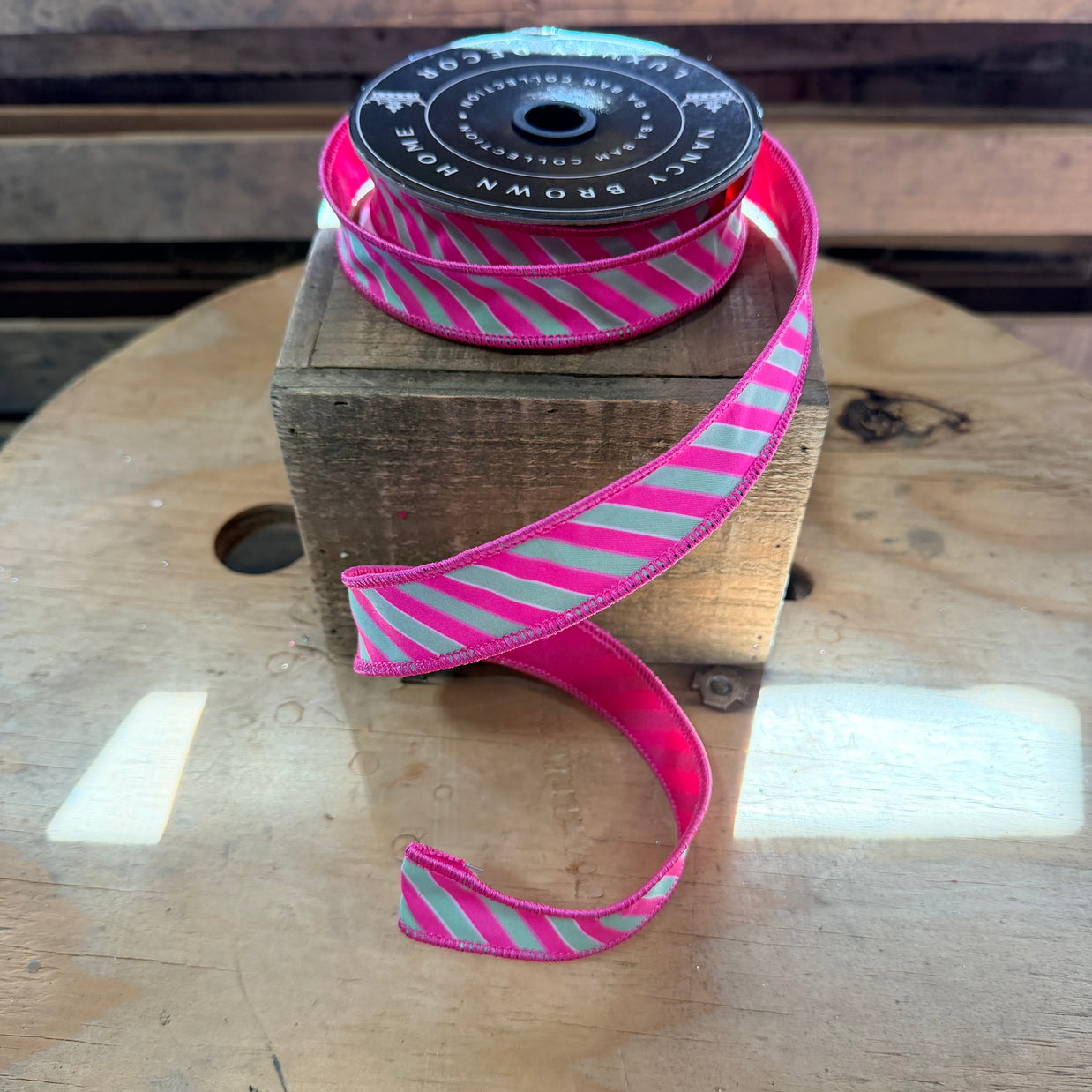 1" x 10yd  Pink and Mint Stripe Wired Ribbon - Ba Bam Collection - Nancy Brown Home  - 26-RI905
