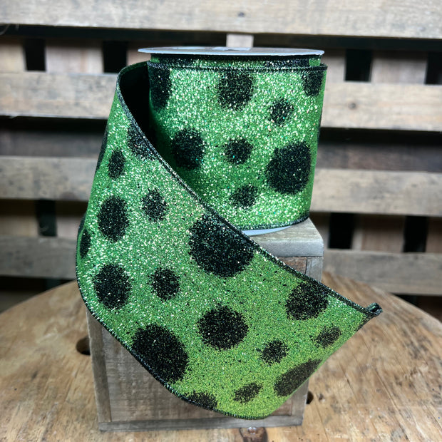 4" x 10Y Green spooky dot wired ribbon, Farrisilk designer ribbon, Halloween  ribbon, RA280-61