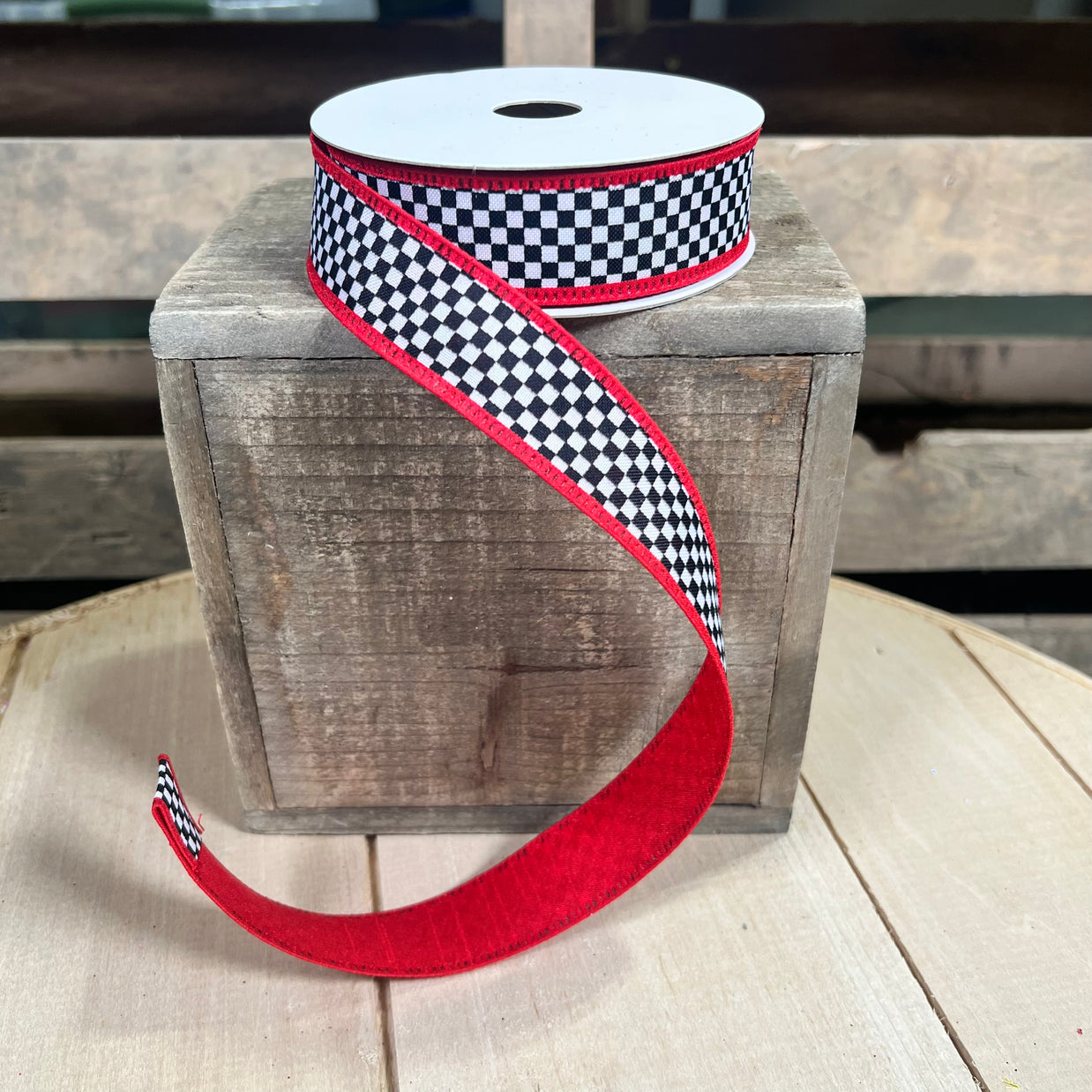 1" x 10Y Red checkered Wired Ribbon - D46632-10-12