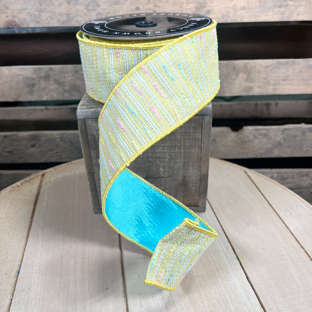 2.5” by 10y Yellow Tweed and Teal double sided Wired Ribbon - Nancy Brown Home - 26-B688B