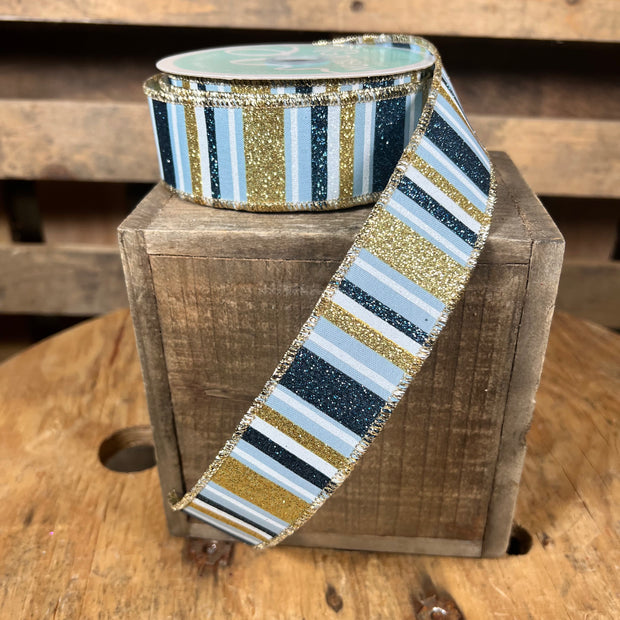 1.5"X10YD gold and blue stripe Wired Ribbon - RGF191814