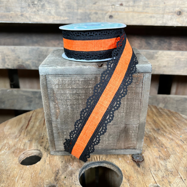 1.5"X10YD orange and black lace edge Wired Ribbon - RGA1541P2