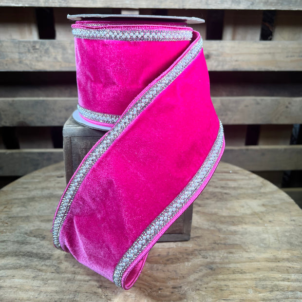 4” x 5y pink velvet pearl boarder designer ribbon - 25B1361