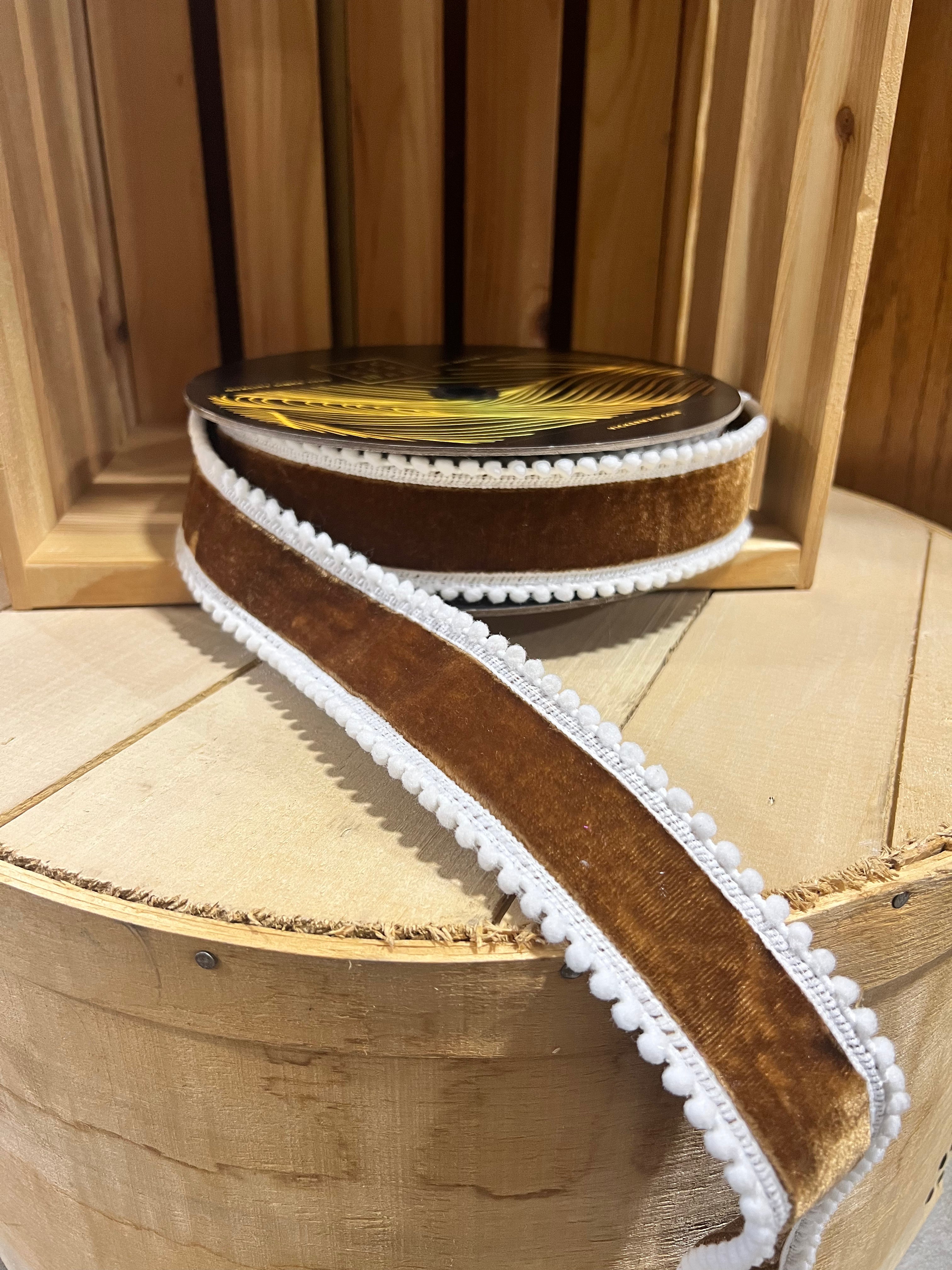 1.5” x 10y Mocha pom Pom edge velvet designer ribbon - QK254576