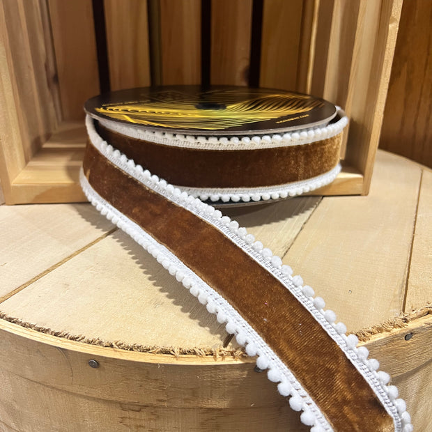 1.5” x 10y Mocha pom Pom edge velvet designer ribbon - QK254576