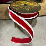 1.5” x 10y red and white pom Pom edge velvet designer ribbon - QK254511