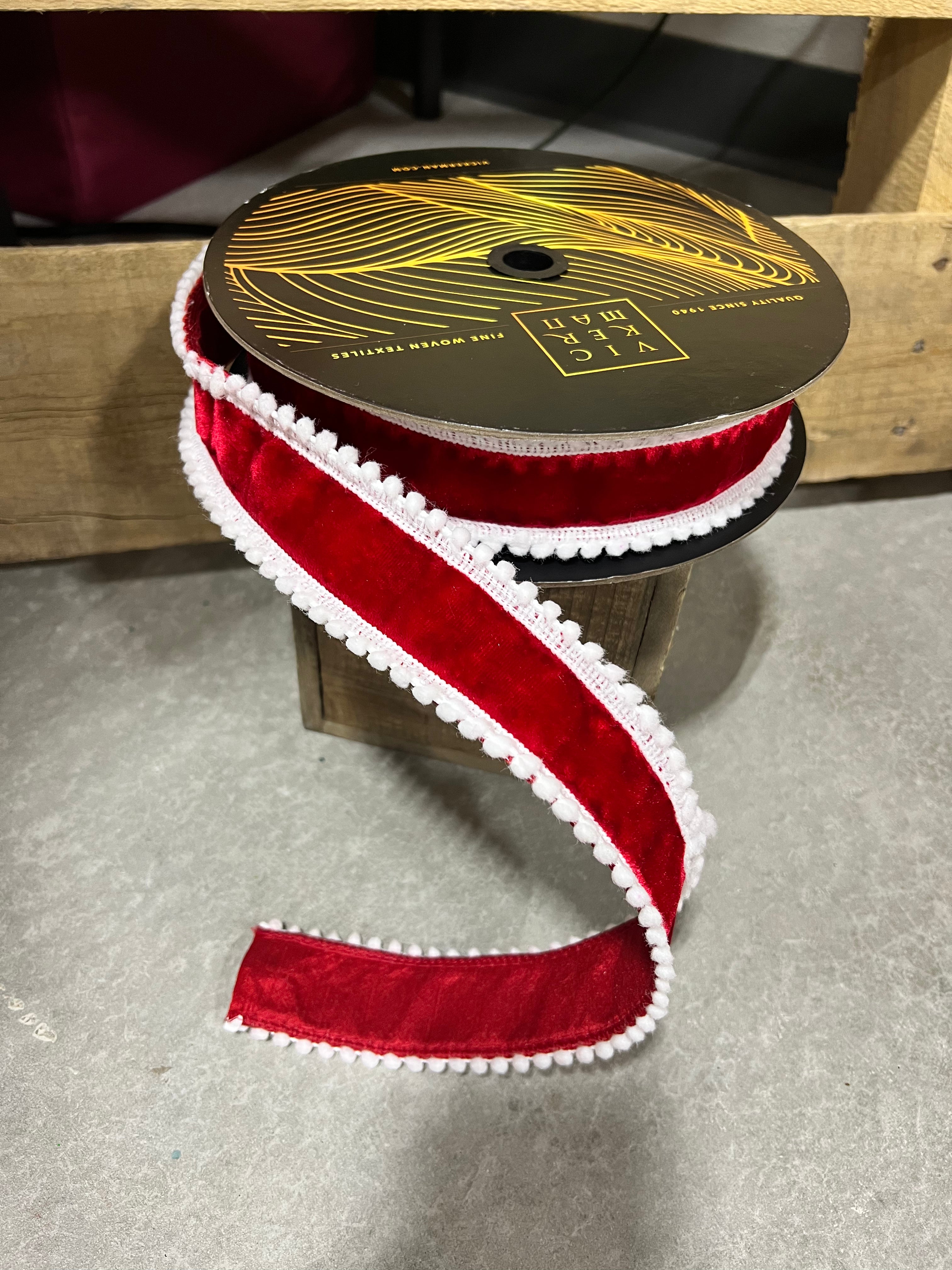 1.5” x 10y red and white pom Pom edge velvet designer ribbon - QK254511
