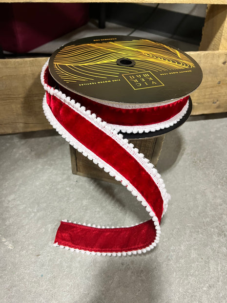 1.5” x 10y red and white pom Pom edge velvet designer ribbon - QK254511