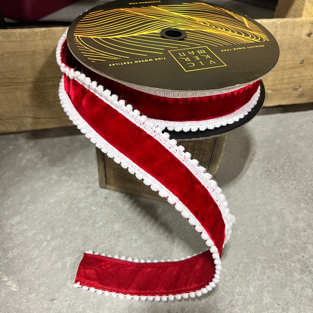 1.5” x 10y red and white pom Pom edge velvet designer ribbon - QK254511