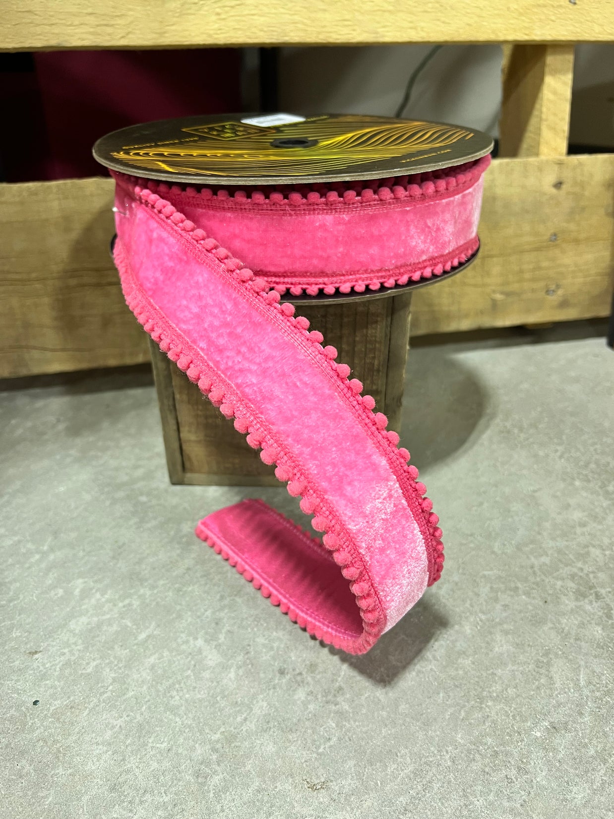 1.5” x 10y pink pom Pom edge velvet designer ribbon - QK254579