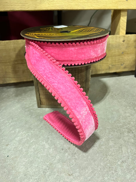 1.5” x 10y pink pom Pom edge velvet designer ribbon - QK254579