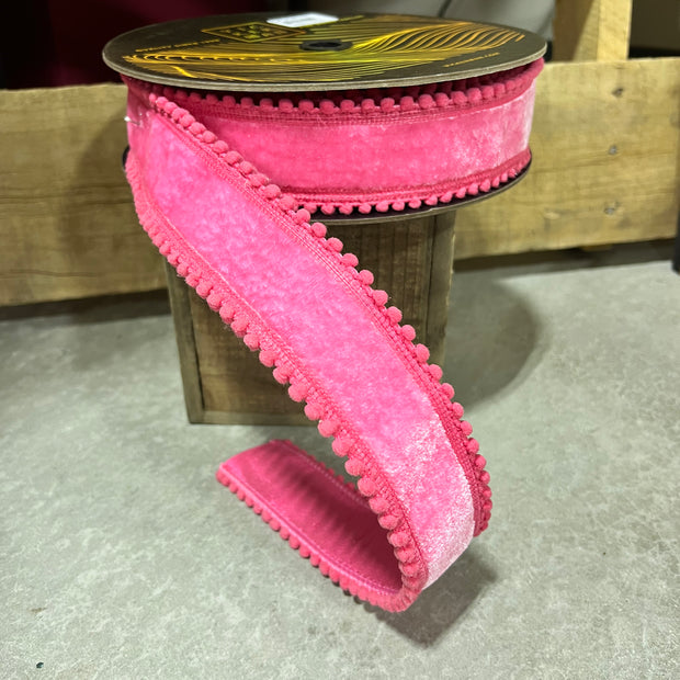 1.5” x 10y pink pom Pom edge velvet designer ribbon - QK254579