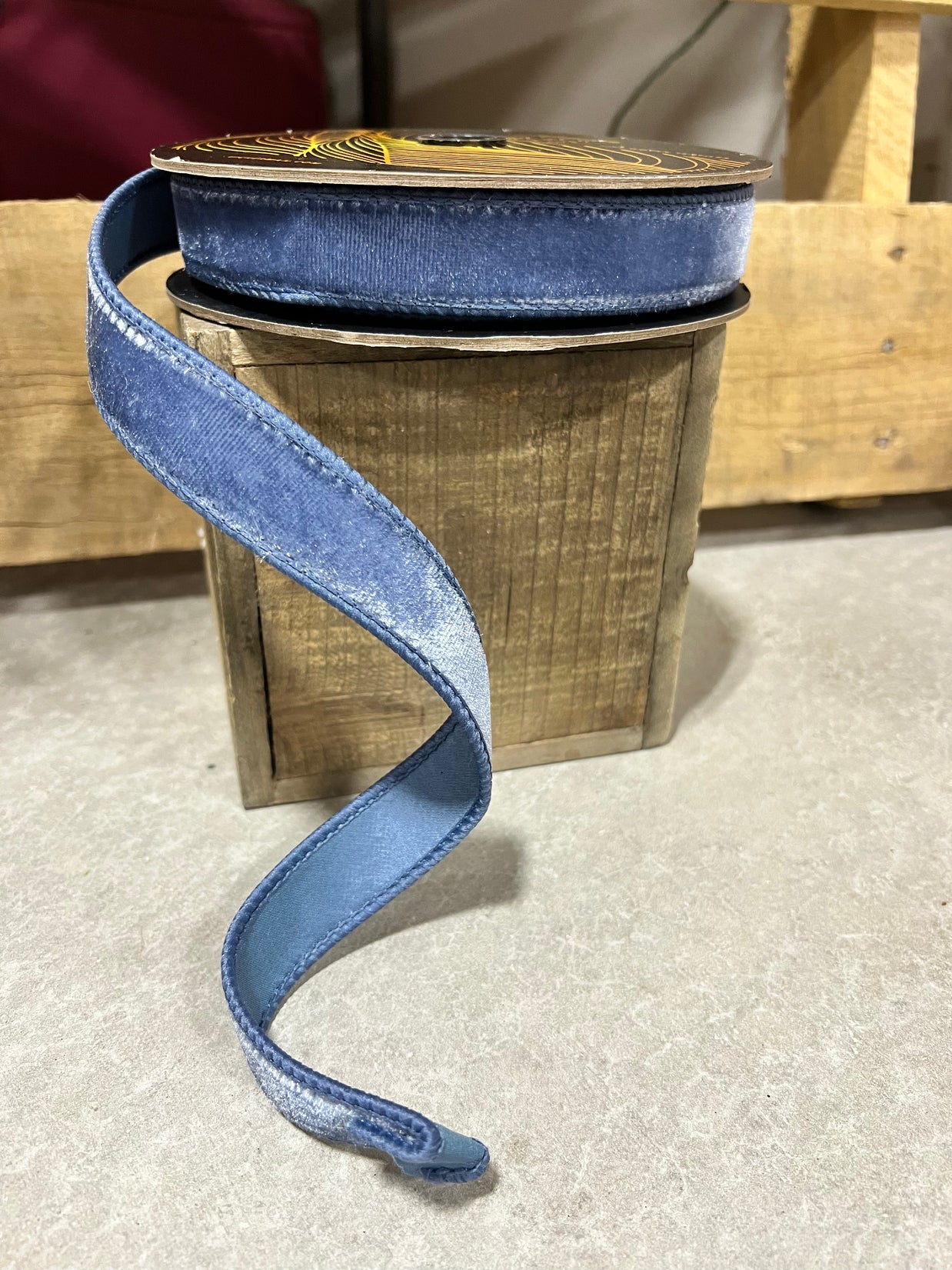 1” x 10y Denim Blue velvet designer ribbon - QK258652