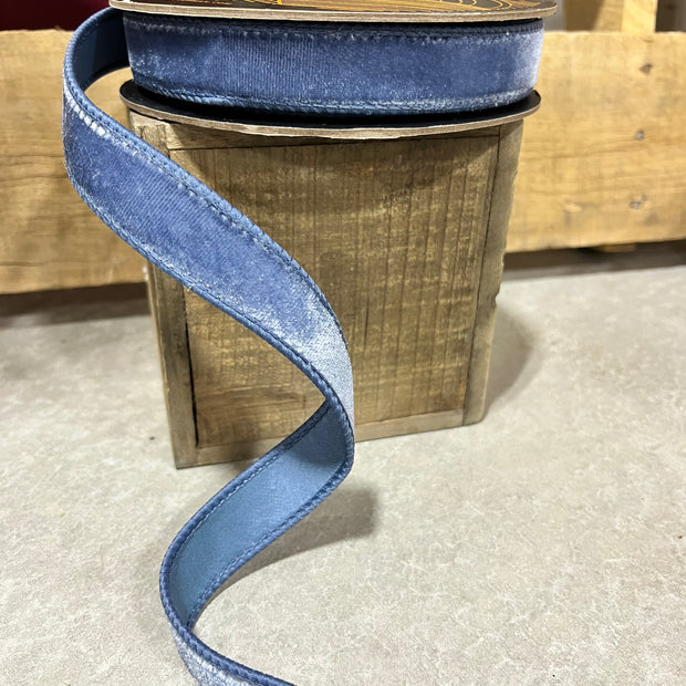 1” x 10y Denim Blue velvet designer ribbon - QK258652