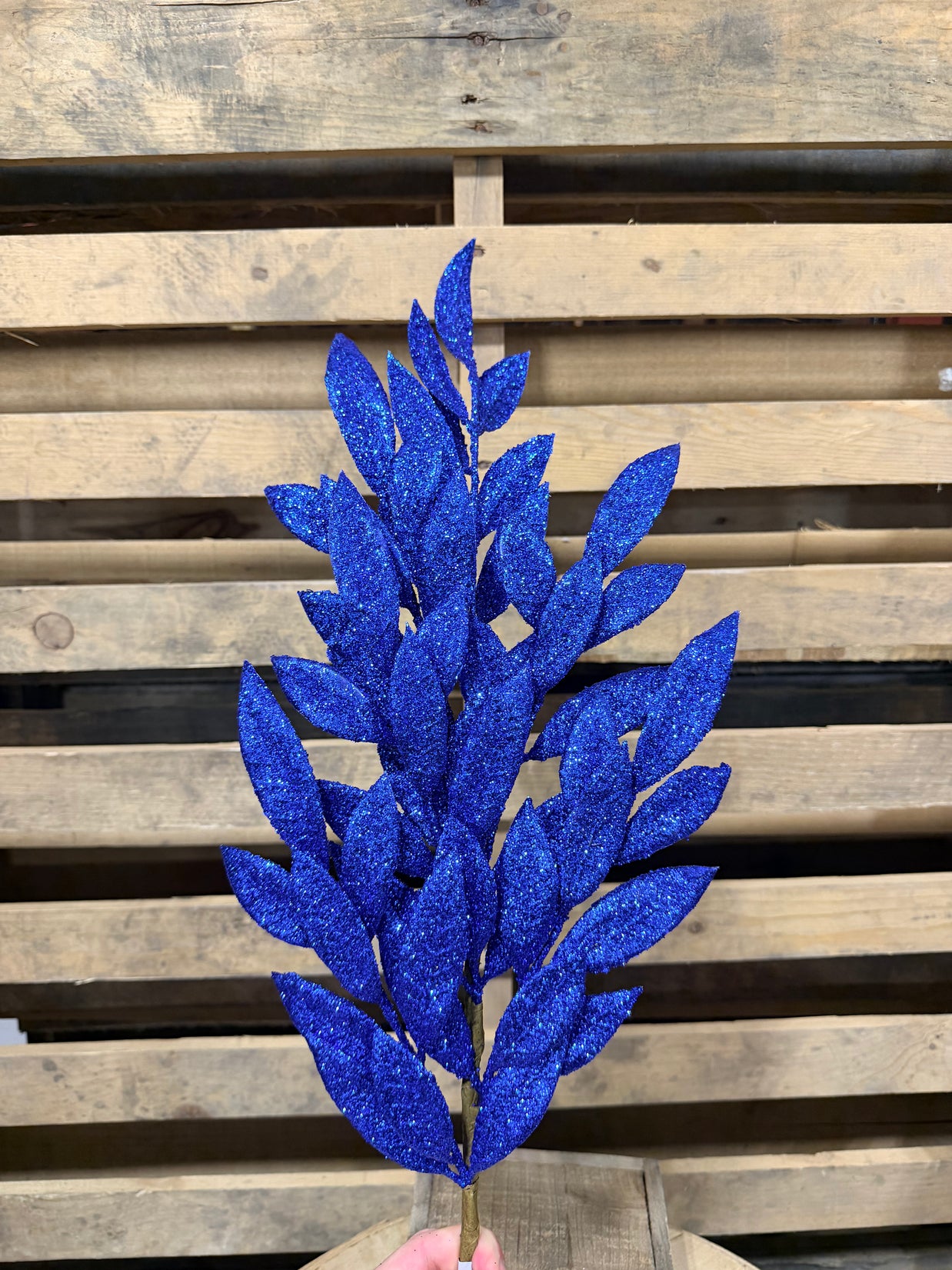 32” Blue glitter bay leaf spray - XS235235