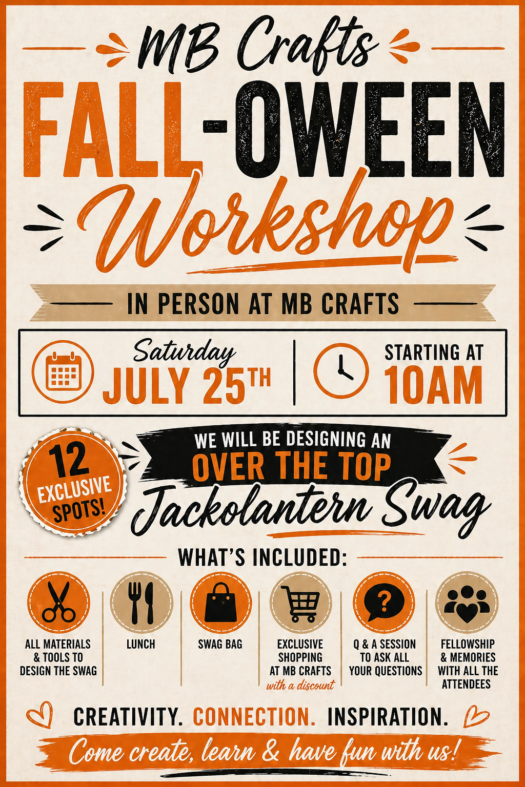 In person Fall-oween workshop - July 25th at MB Crafts in Oostburg Wisconsin