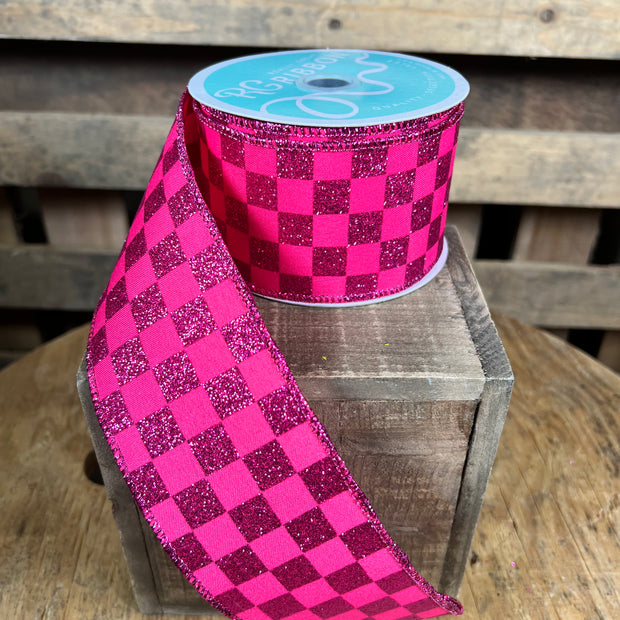 2.5 "X10YD pink glitter checkered Wired Ribbon - RGH106011