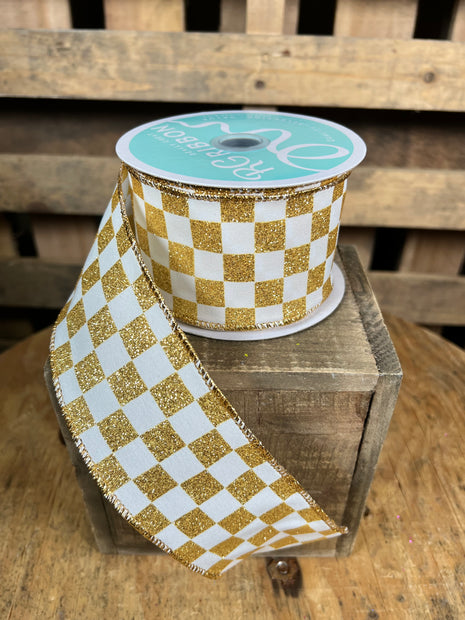 2.5 "X10YD gold glitter checkered Wired Ribbon - RGH1060C6