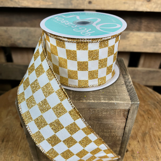 2.5 "X10YD gold glitter checkered Wired Ribbon - RGH1060C6