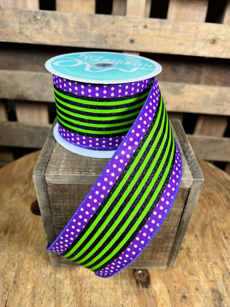 2.5 "X10YD purple and green verticals stripe and pokadot Wired Ribbon - RGF156623