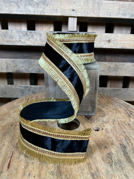 2.5” x 5yd Black and Gold regal fringe deluxe Wired Ribbon - Designer ribbon - 94414W98640D