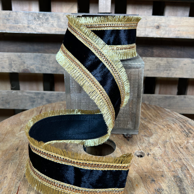 2.5” x 5yd Black and Gold regal fringe deluxe Wired Ribbon - Designer ribbon - 94414W98640D