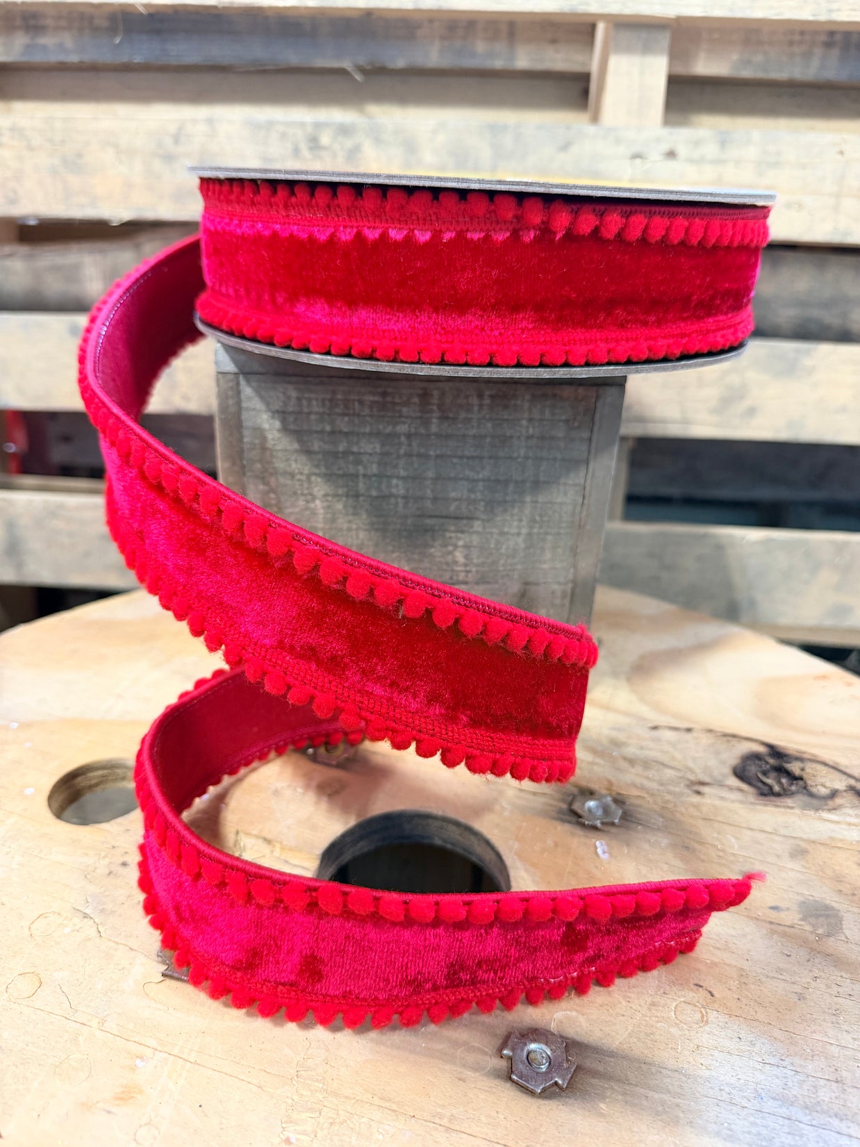 1.5” x 10y red pom Pom edge velvet designer ribbon - QK254503