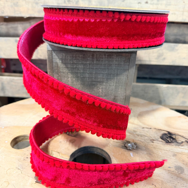 1.5” x 10y red pom Pom edge velvet designer ribbon - QK254503