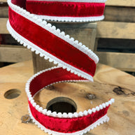 1.5” x 10y red and white pom Pom edge velvet designer ribbon - QK254511