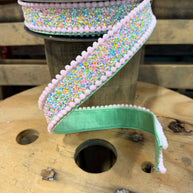1.5” x 10y Frosty Mint  pom Pom edge velvet designer ribbon - QK251940