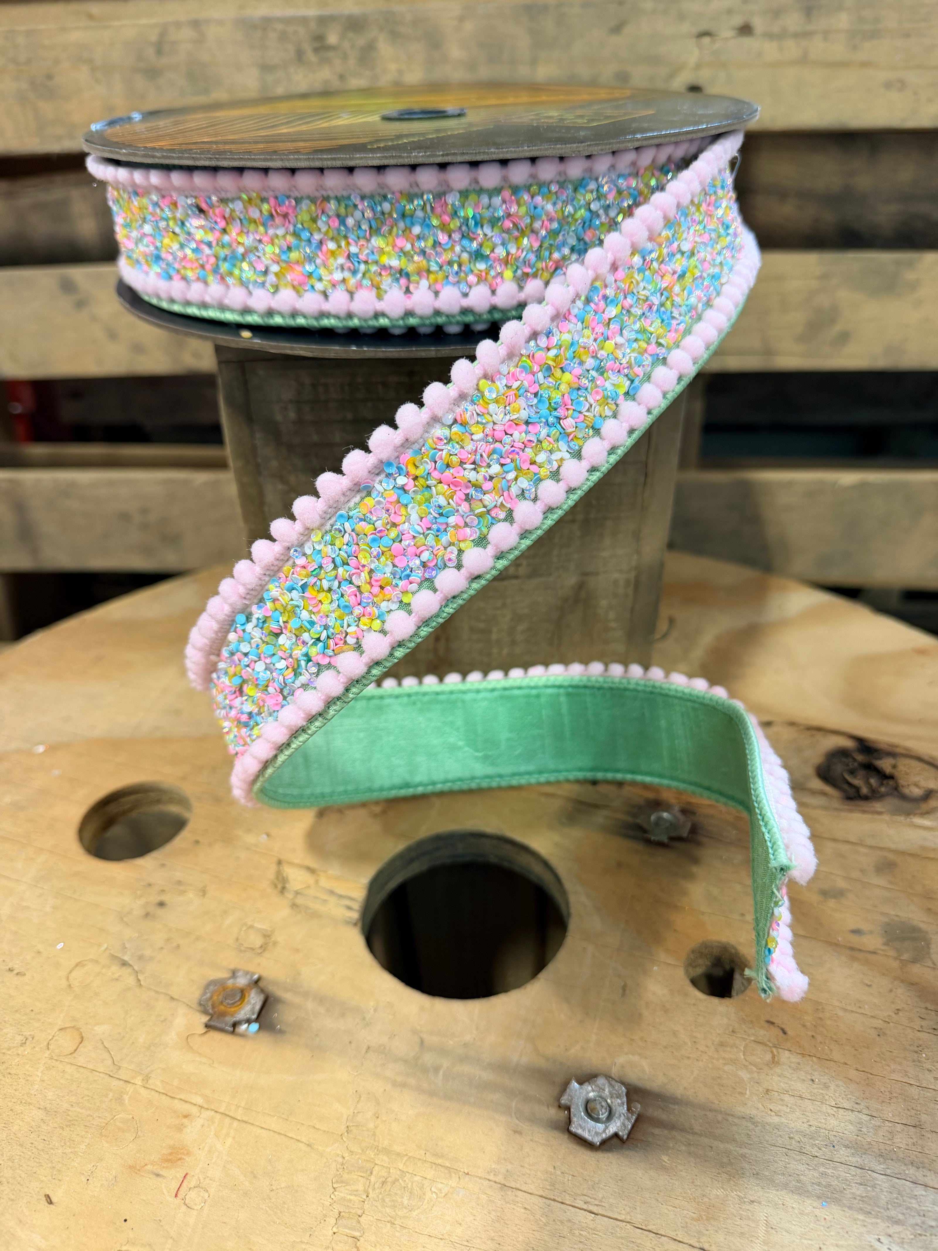 1.5” x 10y Frosty Mint  pom Pom edge velvet designer ribbon - QK251940