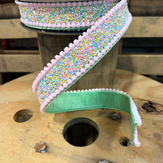 1.5” x 10y Frosty Mint  pom Pom edge velvet designer ribbon - QK251940