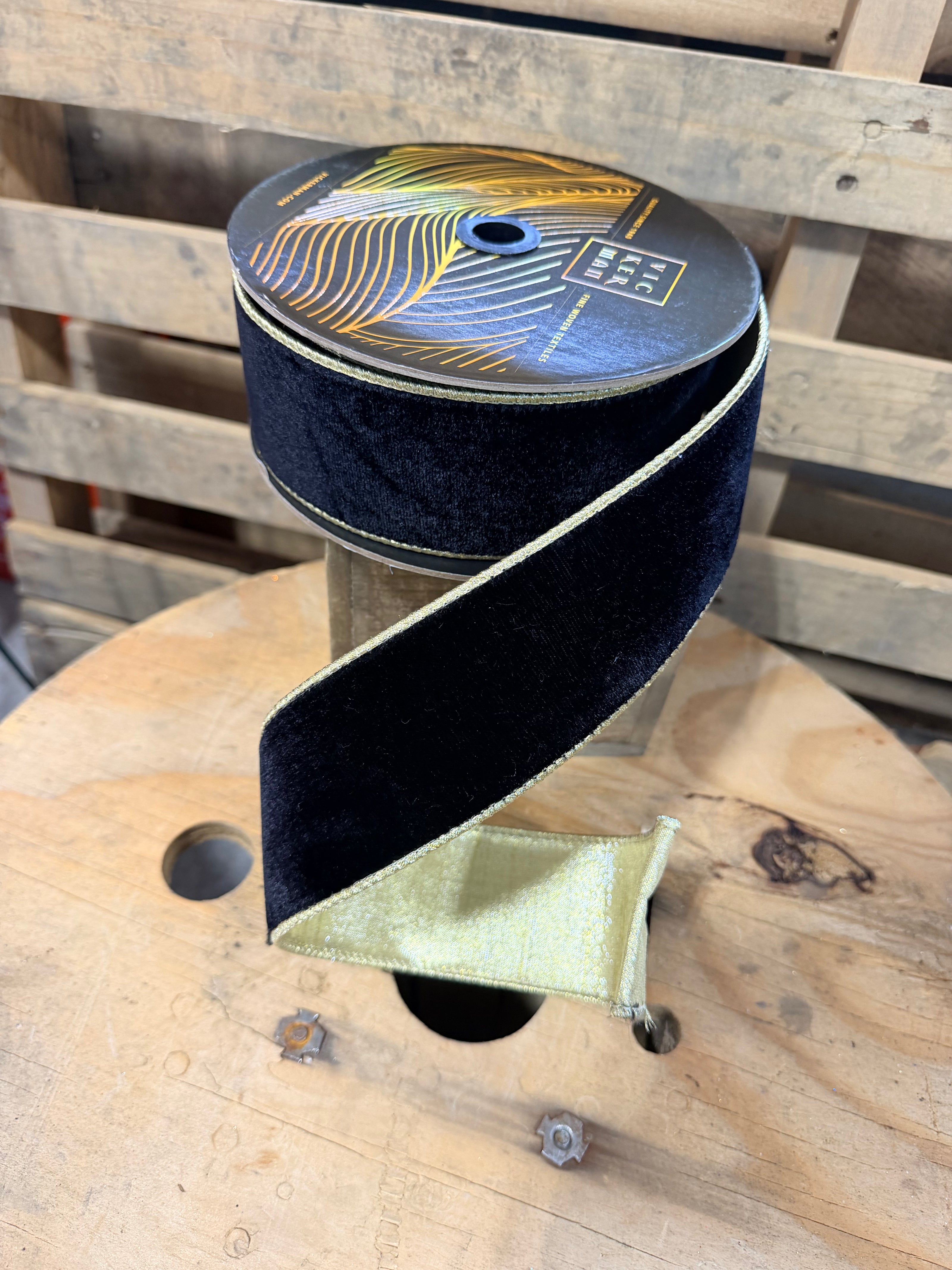 2.5” x 10y Black velvet Gold backed designer ribbon - QK241565