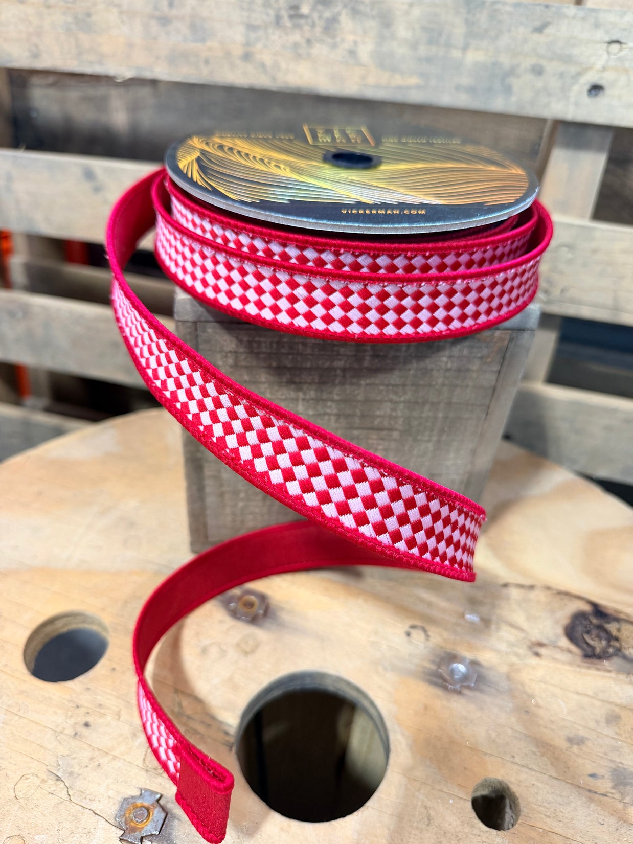 1” x 10y Red/Pink Diagonal Checkerboard designer ribbon - QK250403