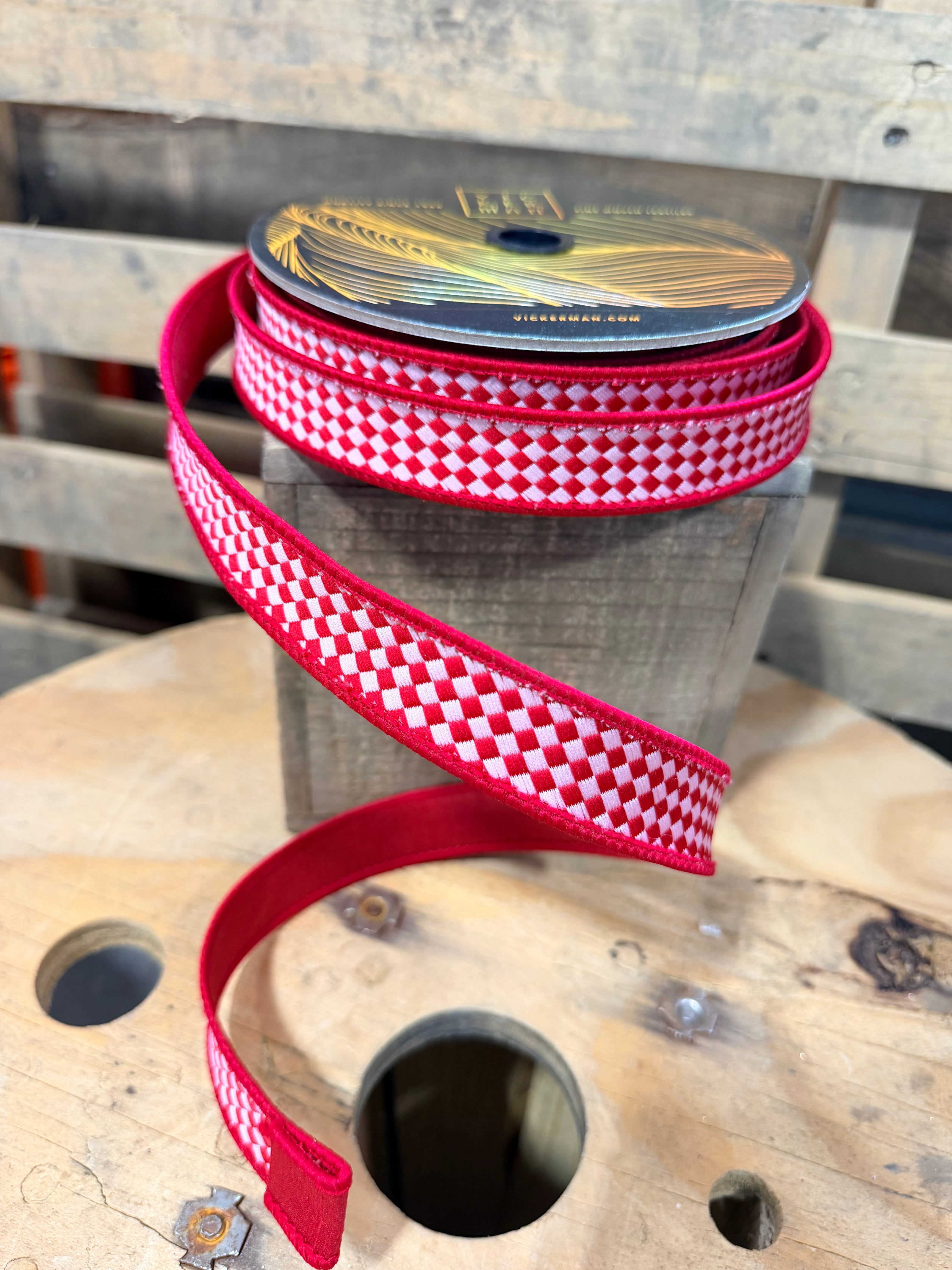1” x 10y Red/Pink Diagonal Checkerboard designer ribbon - QK250403