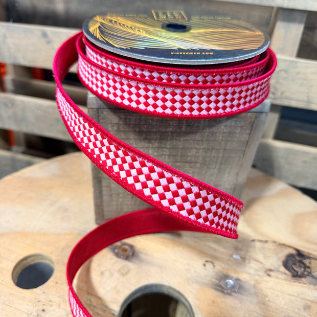 1” x 10y Red/Pink Diagonal Checkerboard designer ribbon - QK250403
