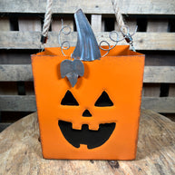 10in Halloween jack-o’-lantern metal container - 9745292PUM