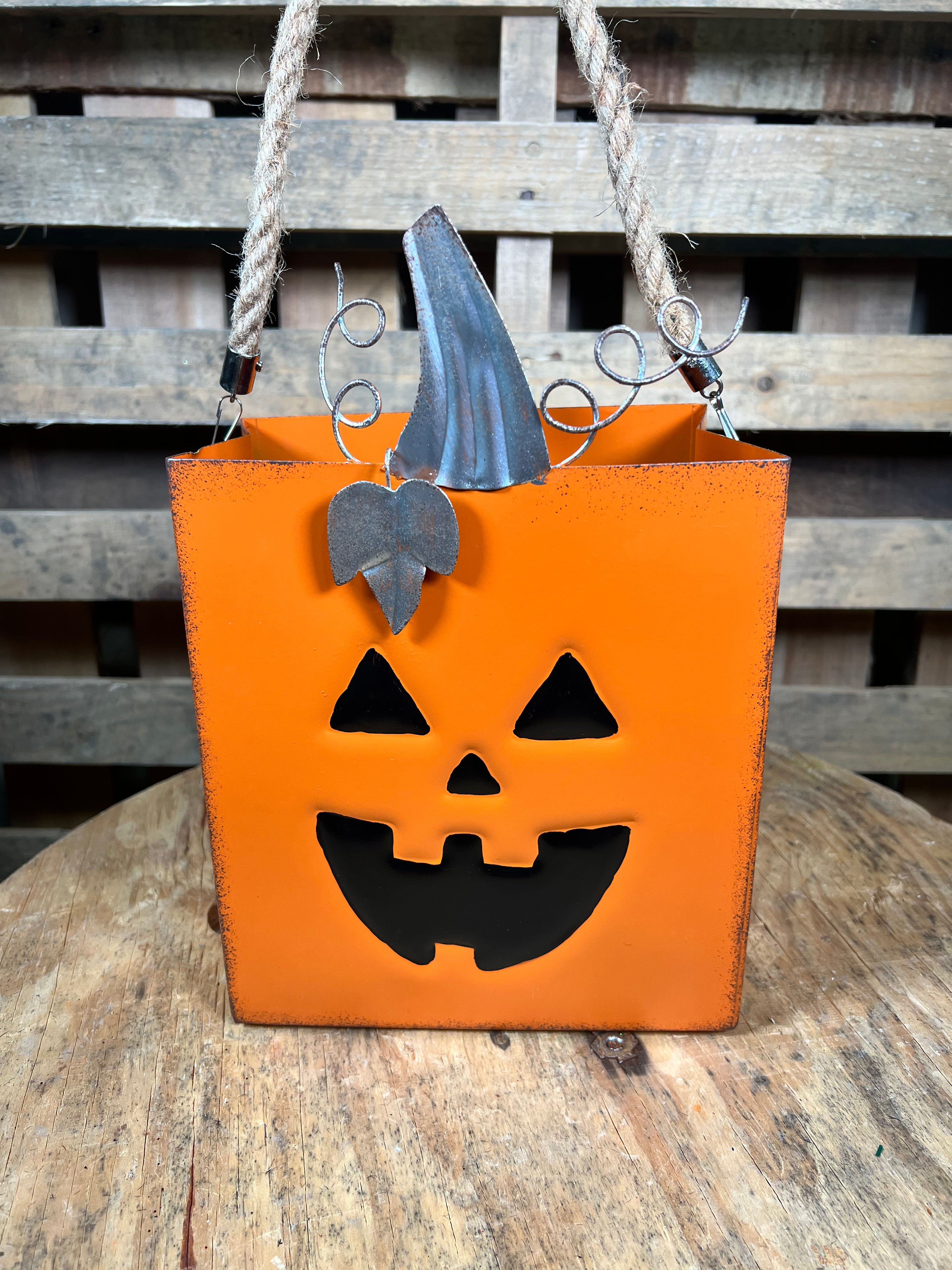 10in Halloween jack-o’-lantern metal container - 9745292PUM
