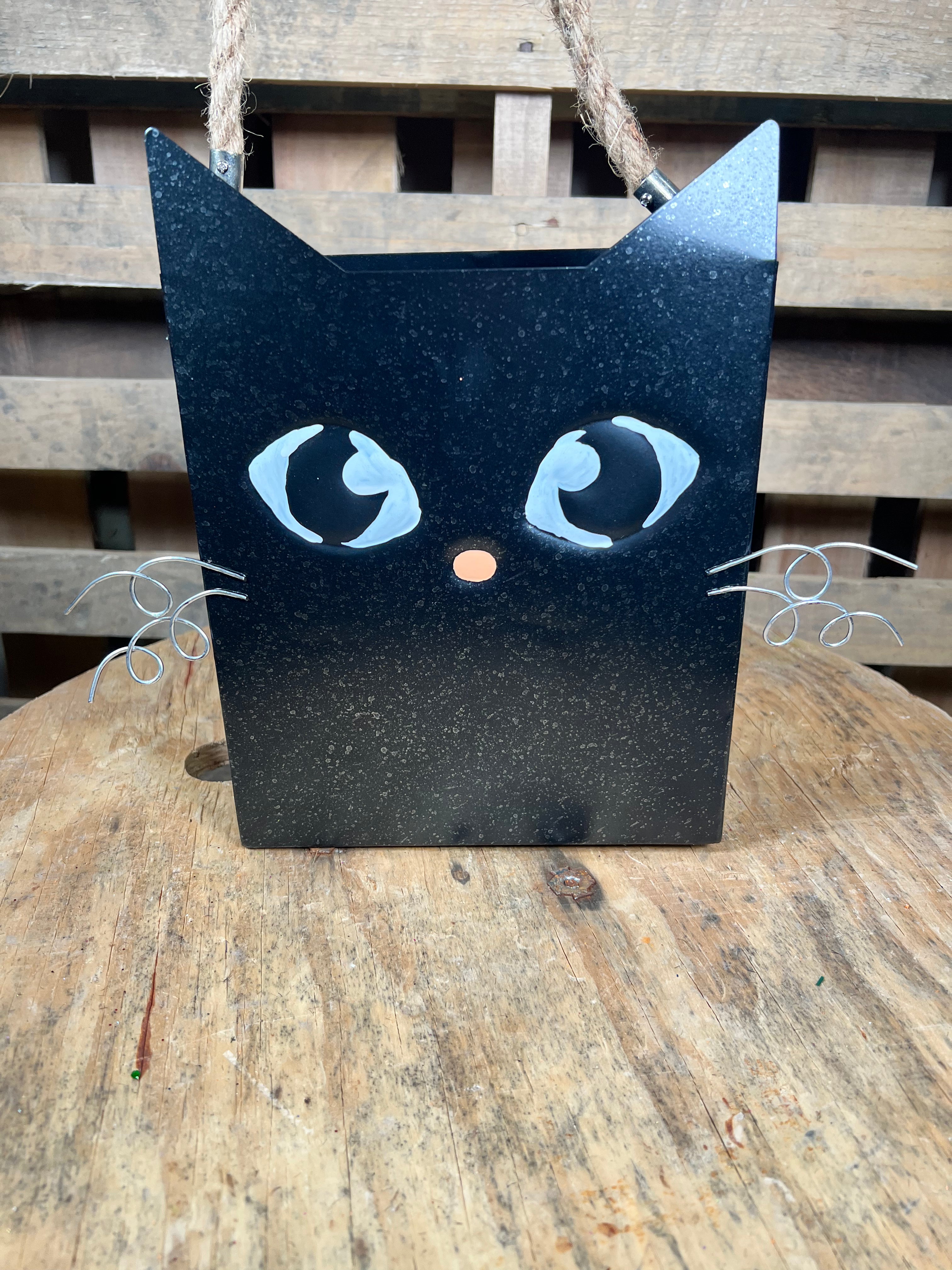 10in Halloween cat metal container - 9745292CAT