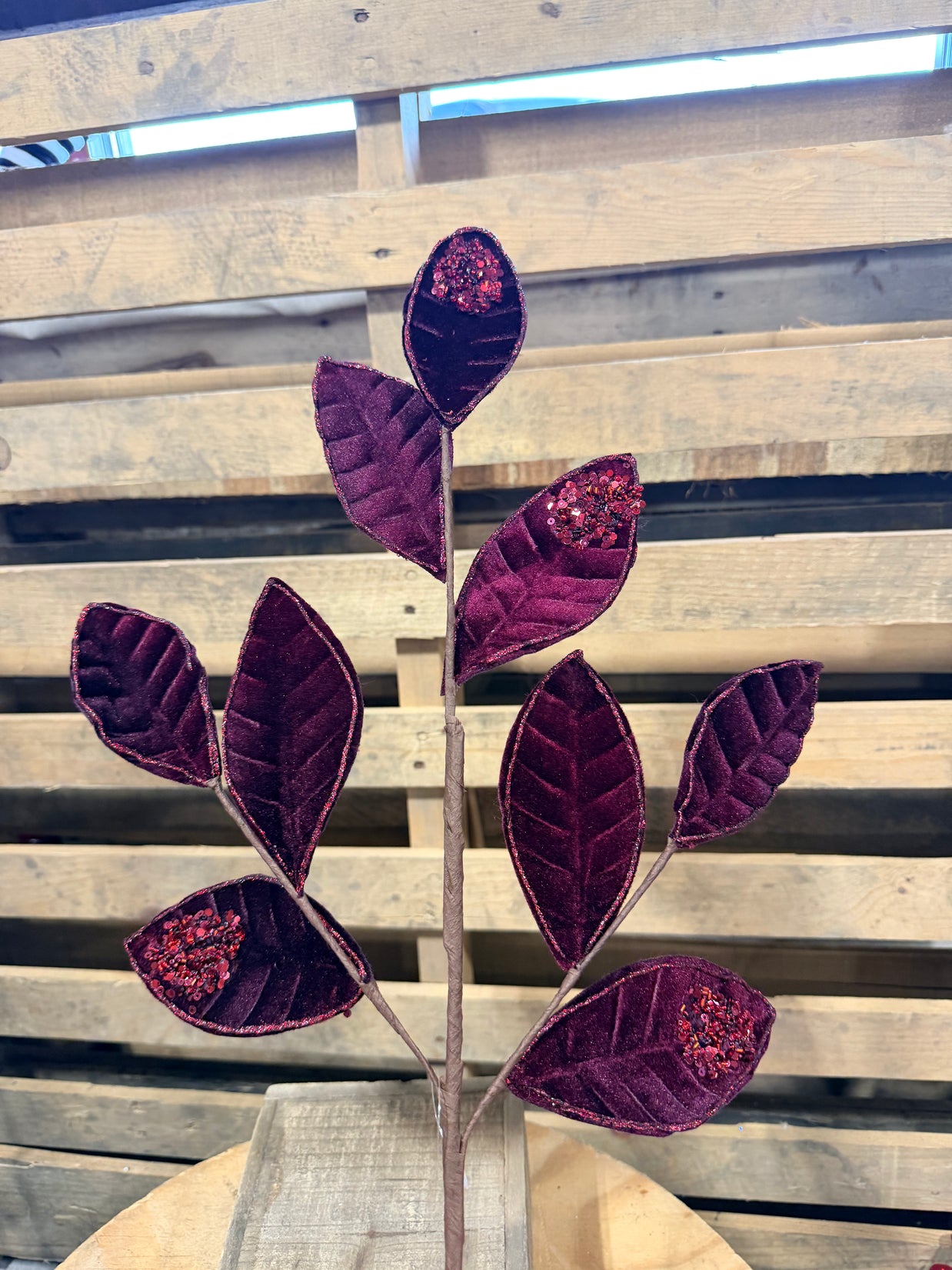 27” Burgundy velvet sequin leaf Pick  - XS255205
