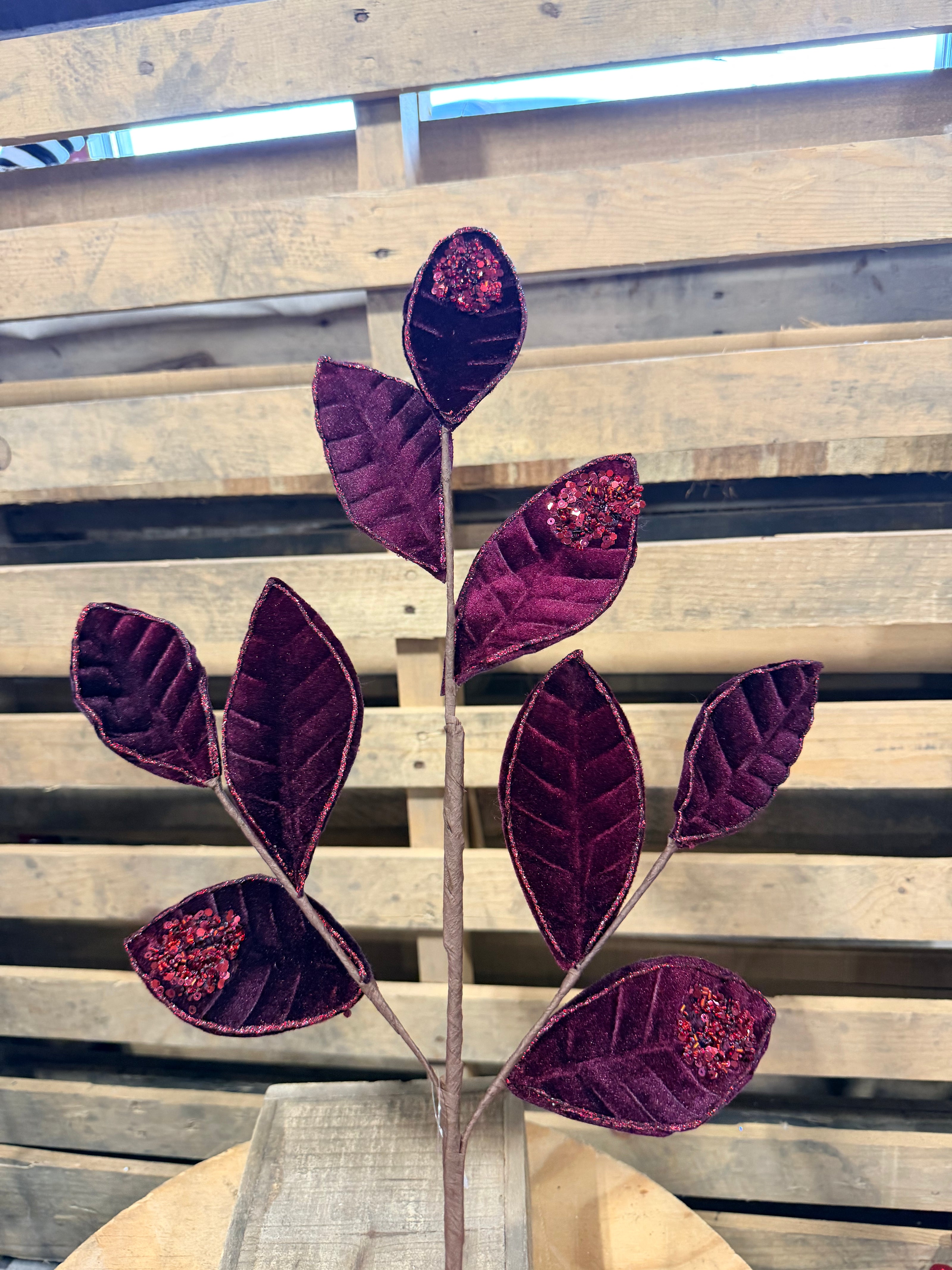 27” Burgundy velvet sequin leaf Pick  - XS255205