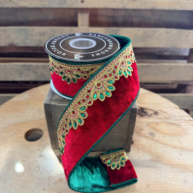 2.5"W by 5y Sheldon Velvet Fused One Sided Jeweled wired ribbon - Nancy Brown Home - 31-15956R