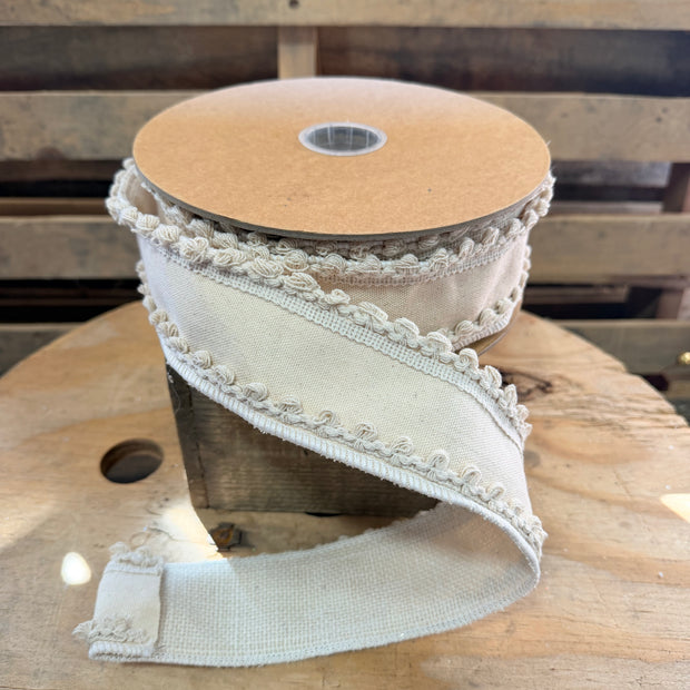 2.5" X 10YD Double Sided Fringe Trim on Ivory Canvas wired Ribbon - 9872W-810- 63E