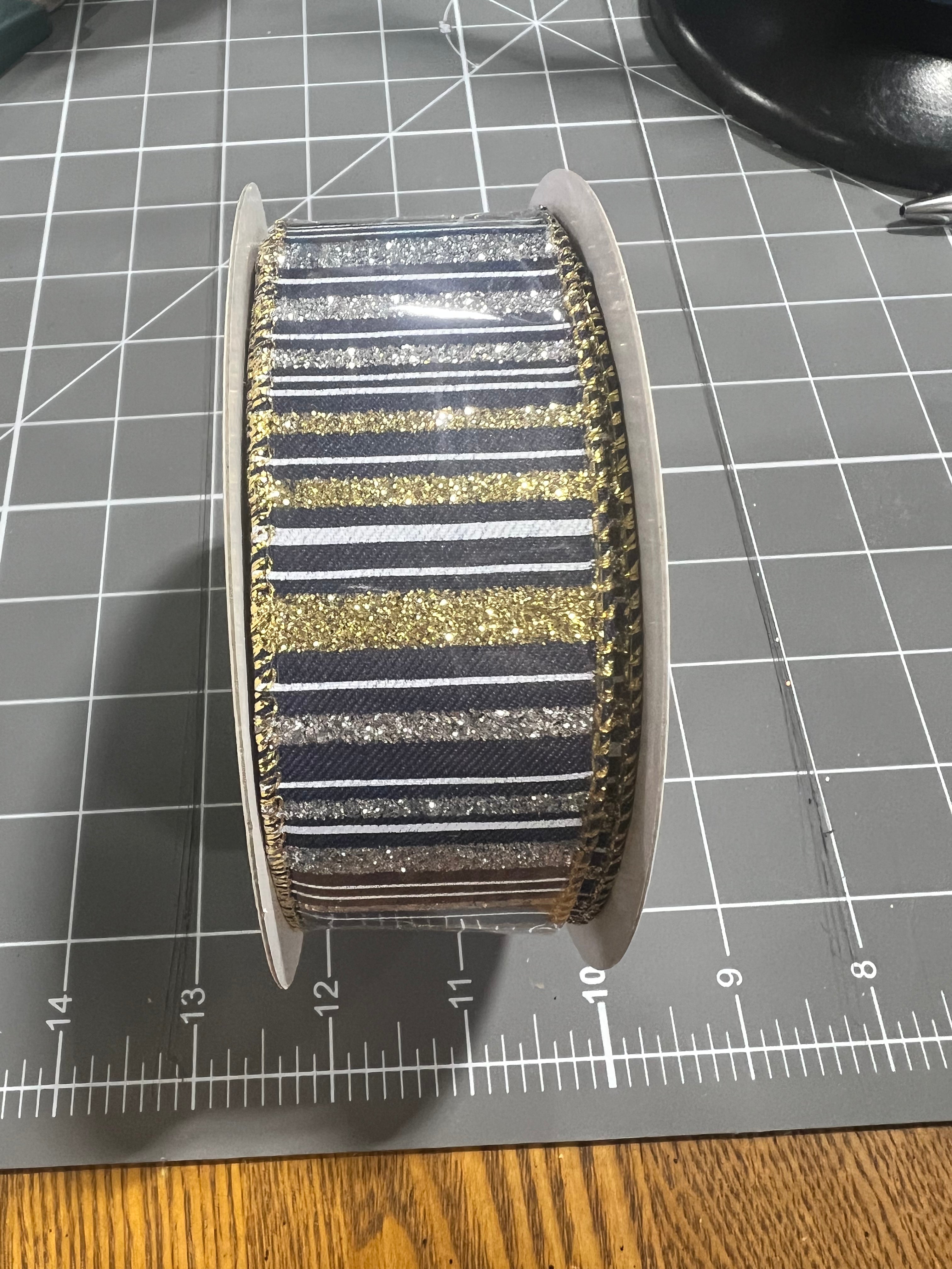 1.5”x 10yd navy blue and gold glitter stripe Wired Ribbon - RGC195319