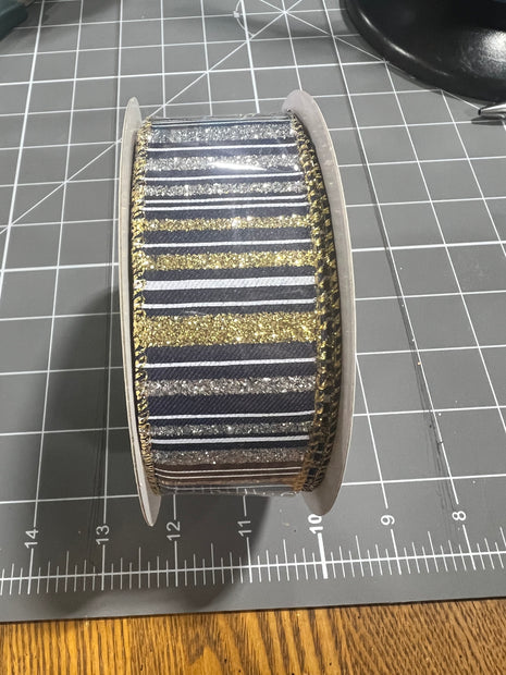 1.5”x 10yd navy blue and gold glitter stripe Wired Ribbon - RGC195319