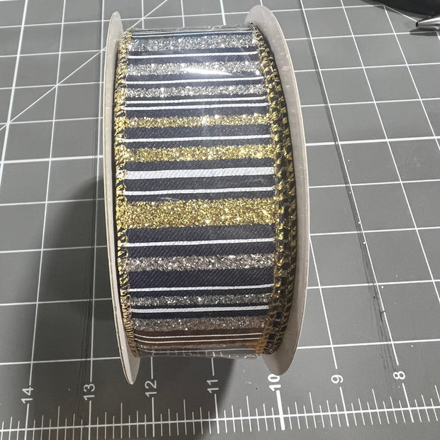 1.5”x 10yd navy blue and gold glitter stripe Wired Ribbon - RGC195319