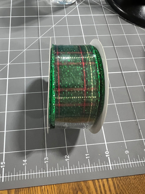1.5”x 10yd green glitter plaid Wired Ribbon - RGE1275